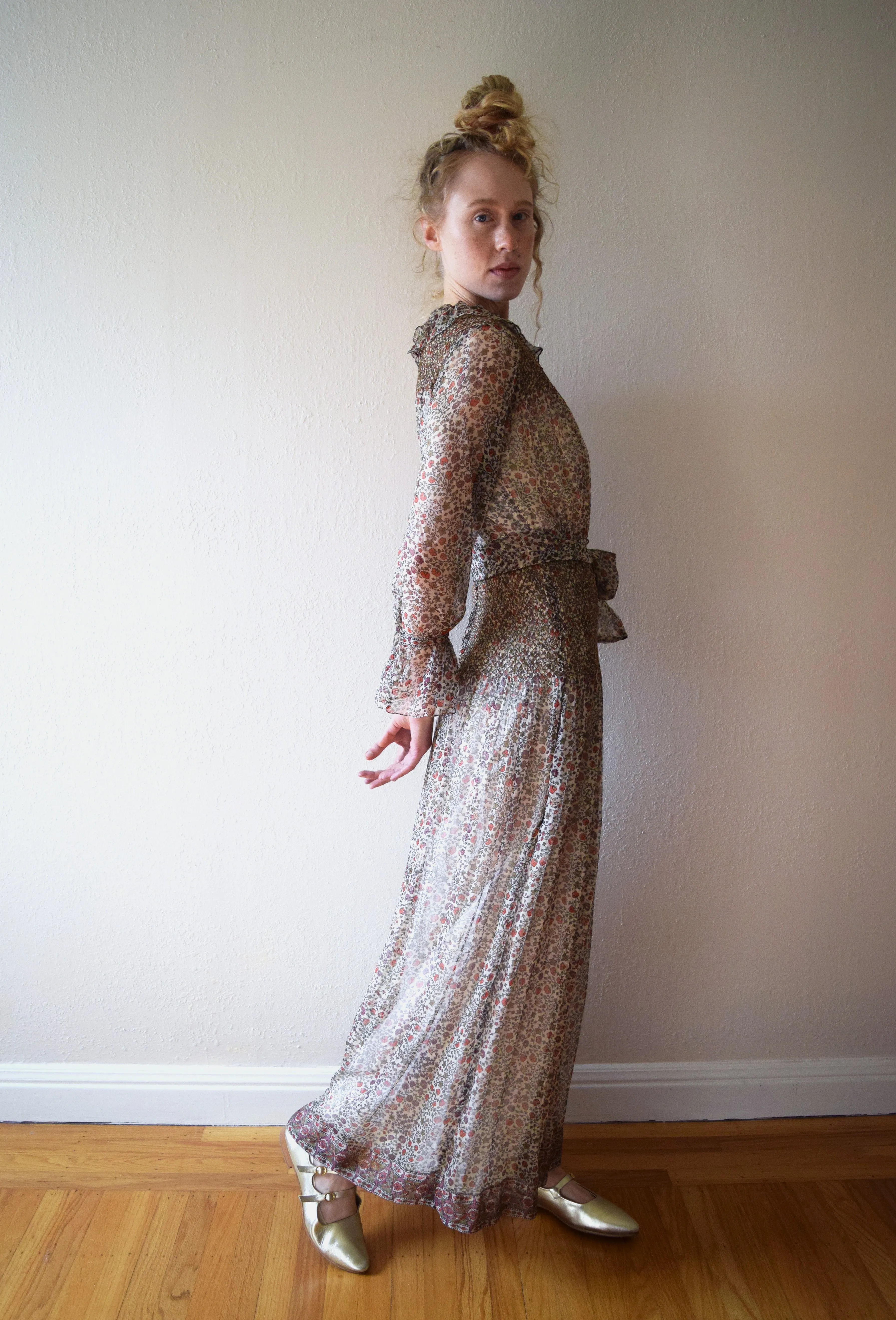 Vintage 1970s silk gown . Treacy Lowe dress . size xs to small