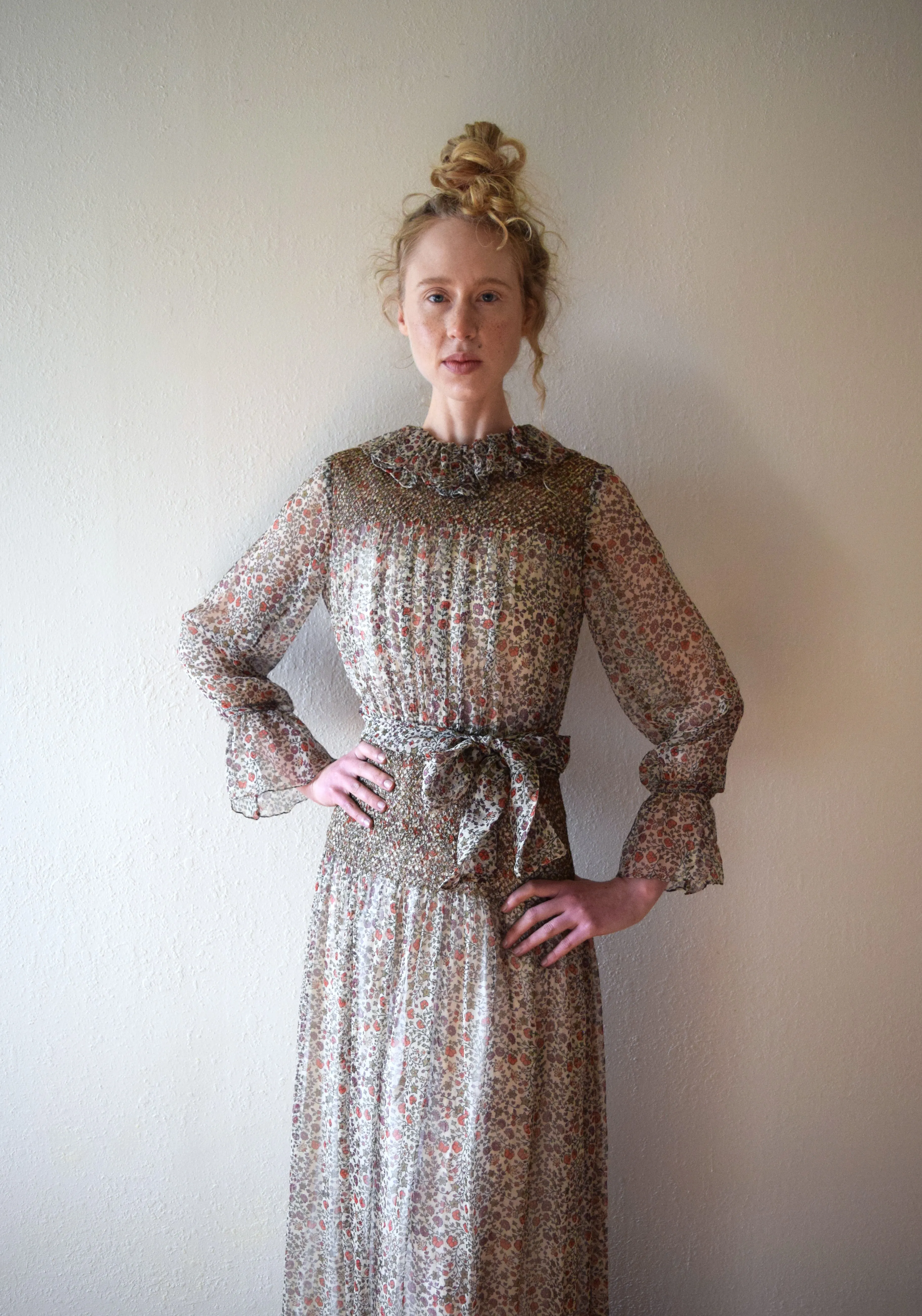 Vintage 1970s silk gown . Treacy Lowe dress . size xs to small