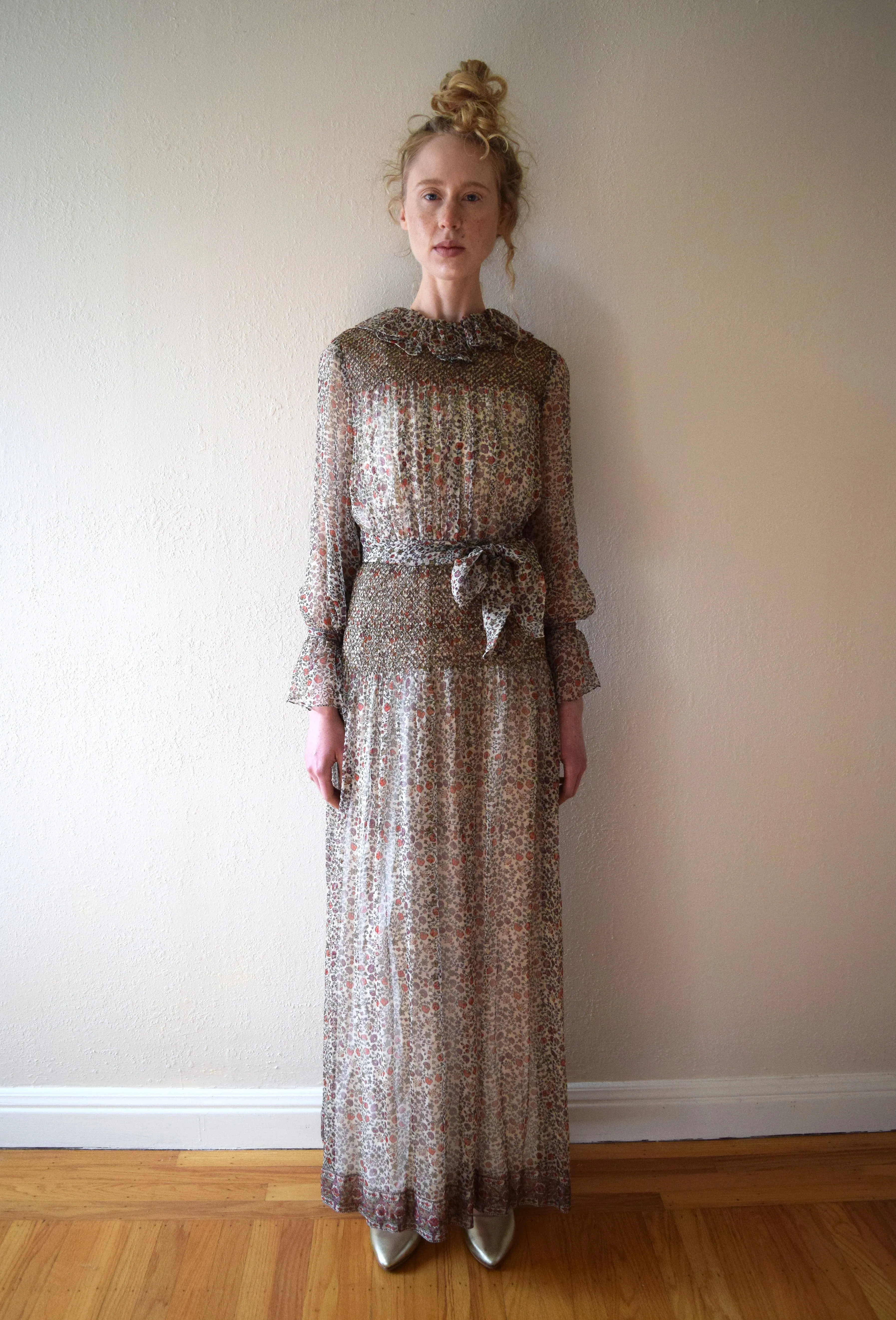 Vintage 1970s silk gown . Treacy Lowe dress . size xs to small