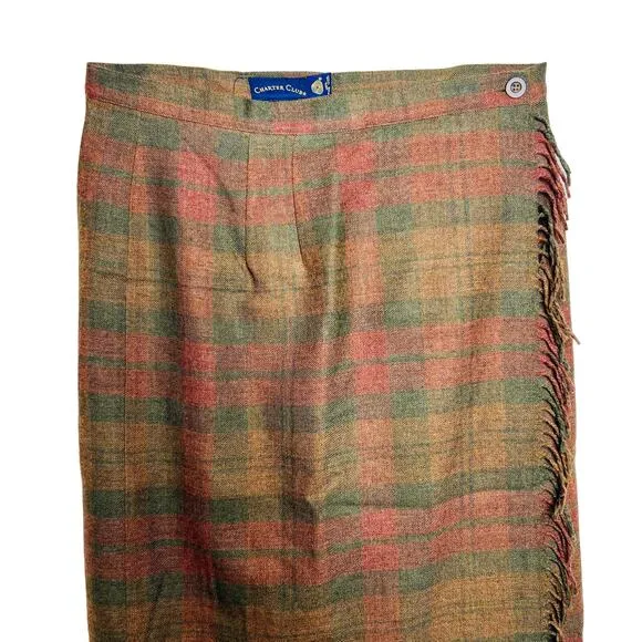 Vintage 80s Charter Club Size 14 Wool Plaid Blanket Wrap Skirt Fringe Classic