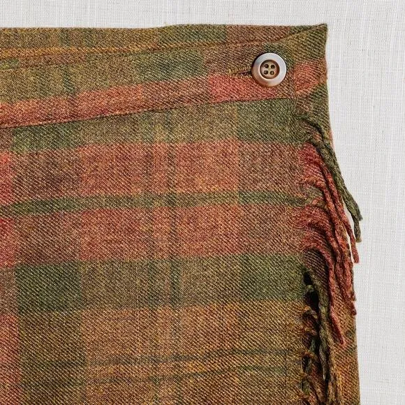 Vintage 80s Charter Club Size 14 Wool Plaid Blanket Wrap Skirt Fringe Classic