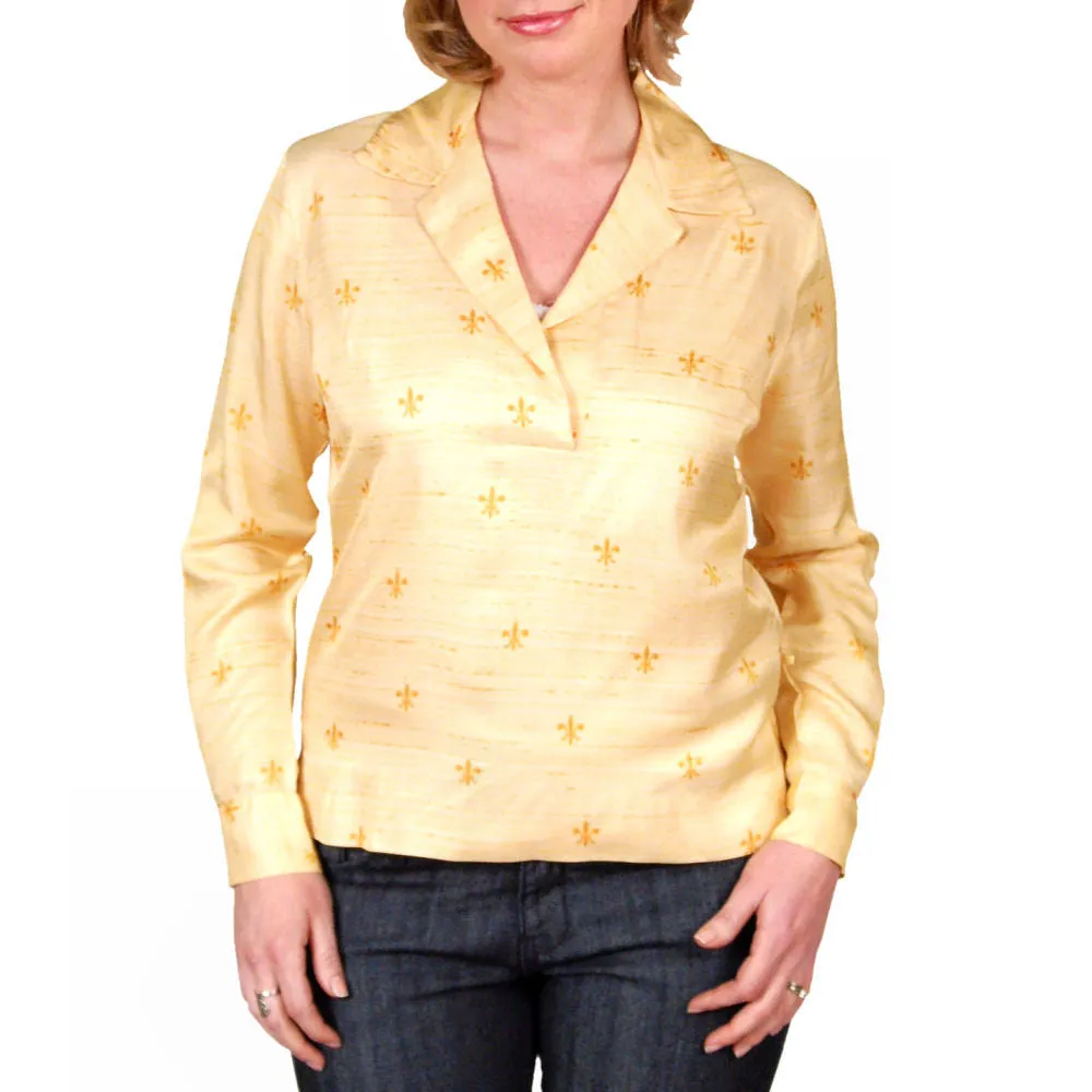 Vintage Blouse Acetate Fleur De Leis Print 1950S 40B
