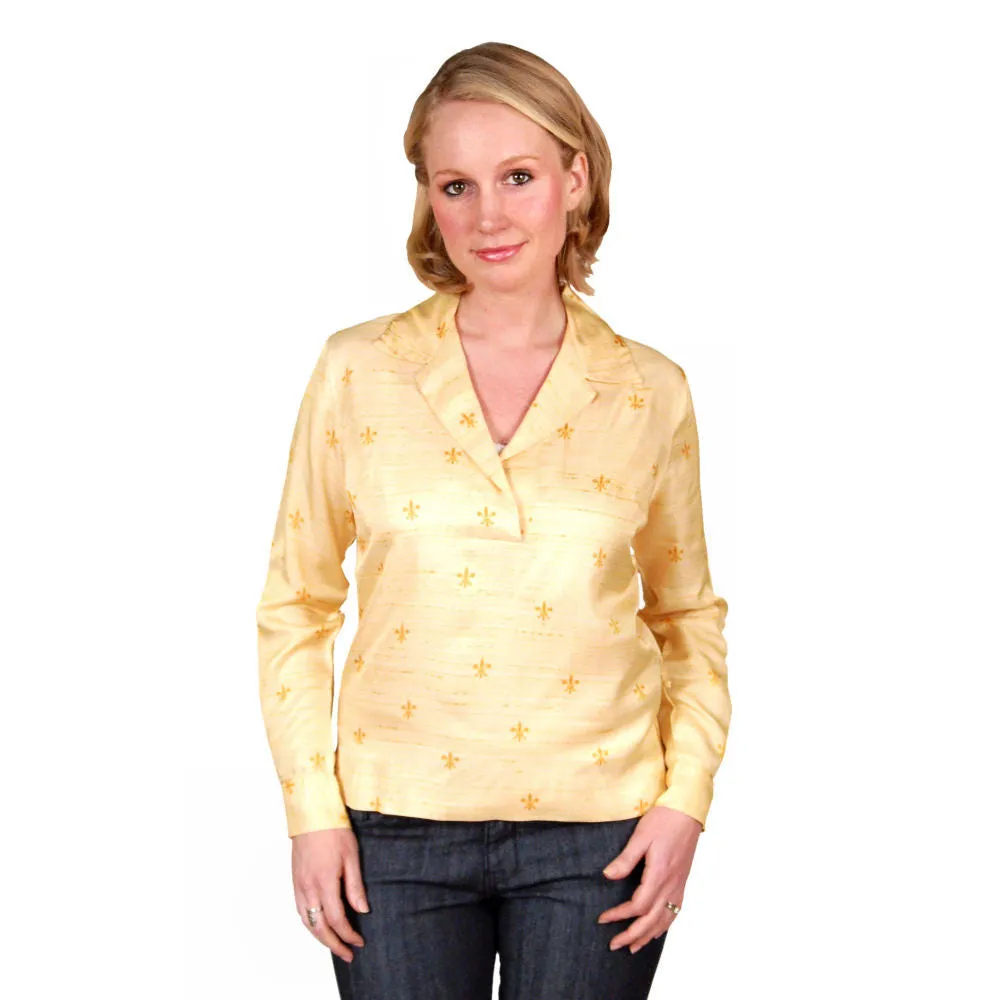 Vintage Blouse Acetate Fleur De Leis Print 1950S 40B