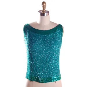 Vintage Blouse Silk Green Sequin Shell Royal Lynne 1950S