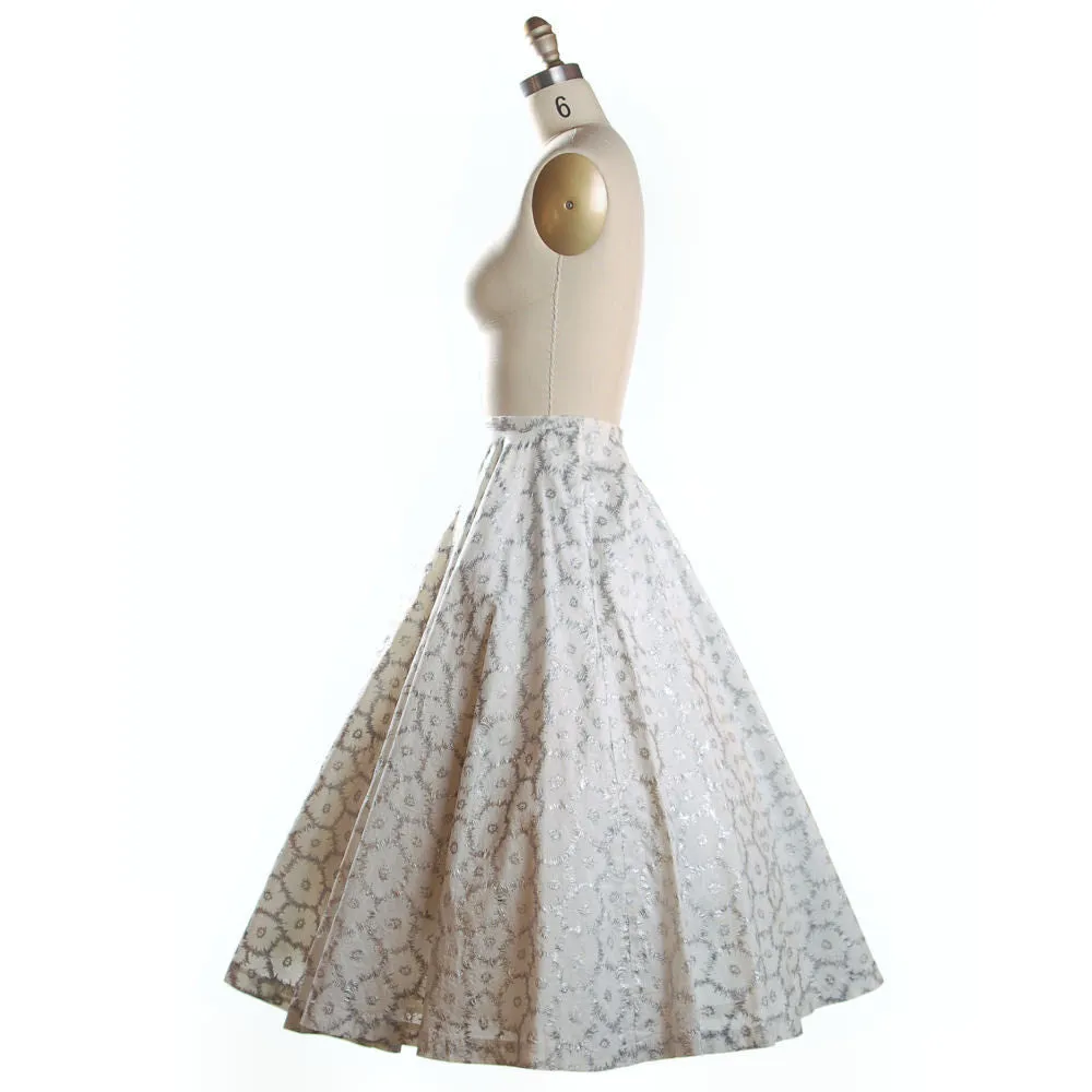 Vintage Circle Skirt Silver Metallic Mum Print 1950S 28" Waist