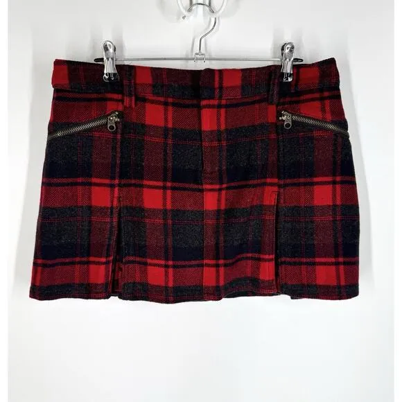 Vintage Free People Skirt 6 Tartan Kilt Red Black Plaid Pleated Exposed Zipper