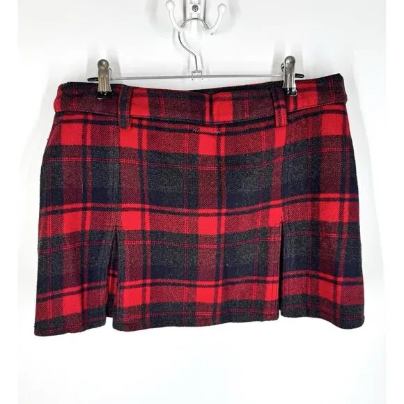 Vintage Free People Skirt 6 Tartan Kilt Red Black Plaid Pleated Exposed Zipper