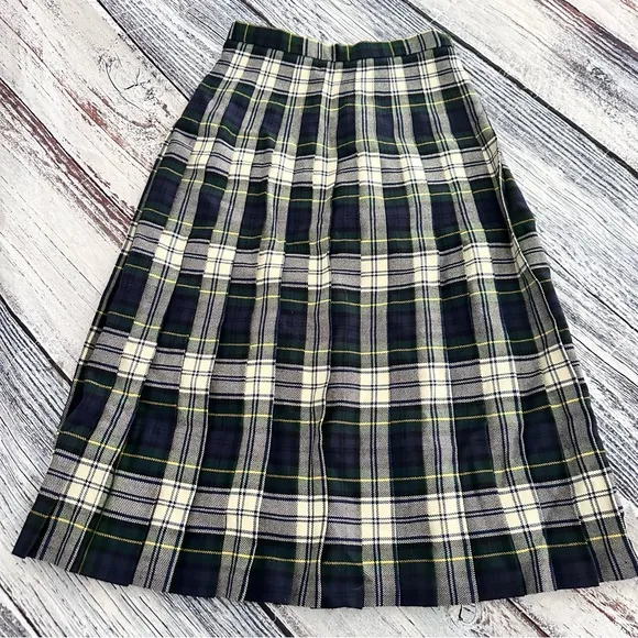 Vintage Guy Curtis 100% Wool Tartan Plaid Pleated Midi Skirt