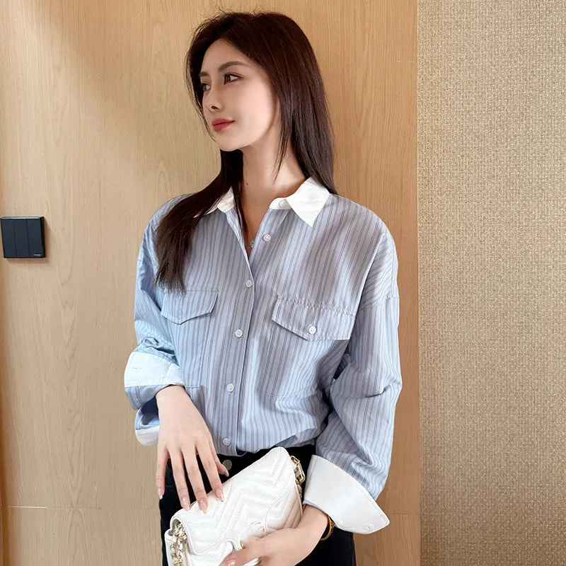 Vintage Loose Fit Seersucker Shirt Featuring Striped Design