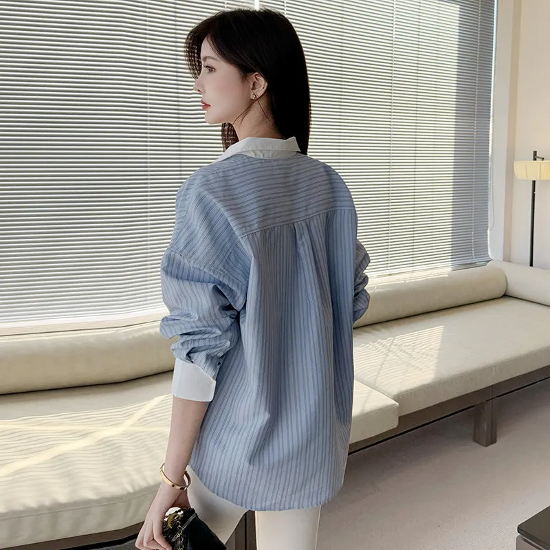 Vintage Loose Fit Seersucker Shirt Featuring Striped Design