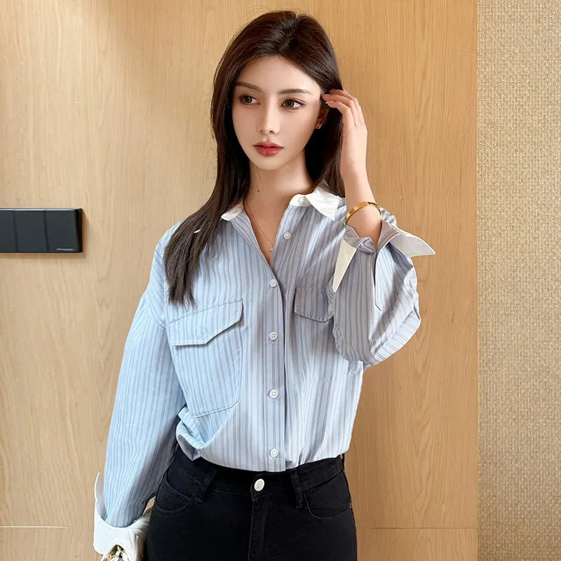 Vintage Loose Fit Seersucker Shirt Featuring Striped Design