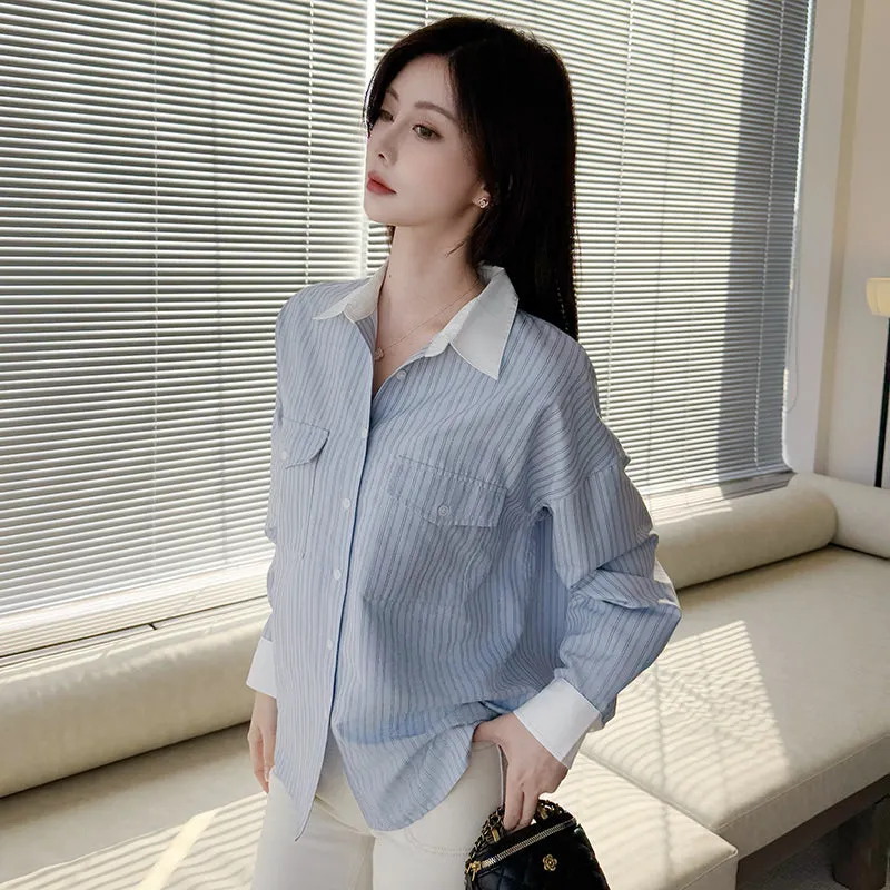 Vintage Loose Fit Seersucker Shirt Featuring Striped Design
