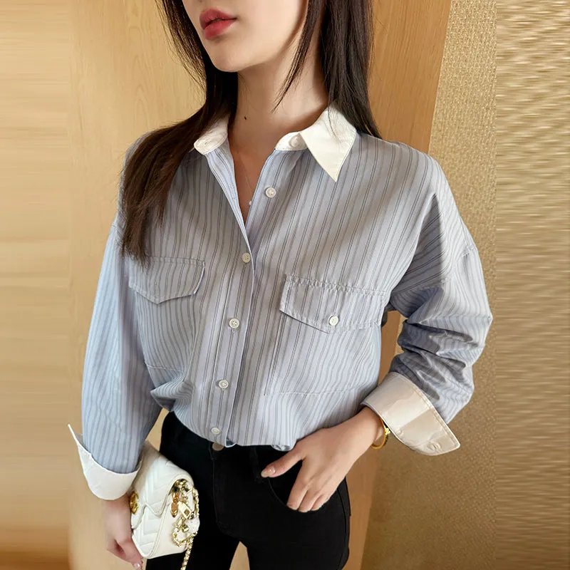 Vintage Loose Fit Seersucker Shirt Featuring Striped Design