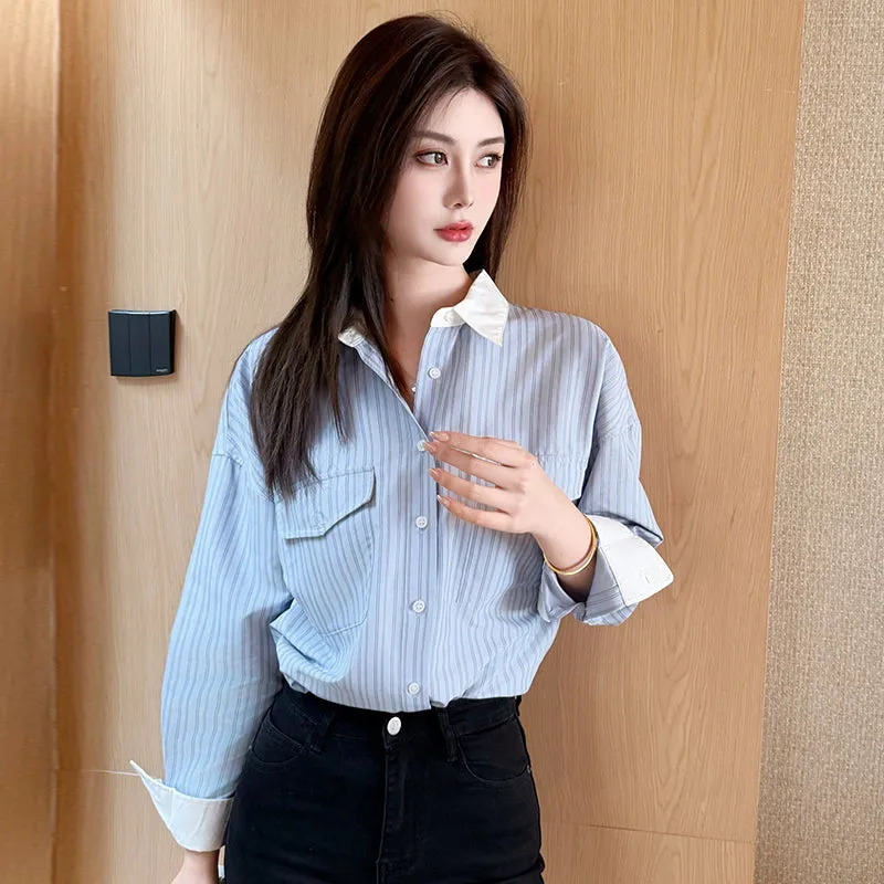 Vintage Loose Fit Seersucker Shirt Featuring Striped Design