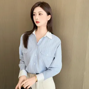 Vintage Loose Fit Seersucker Shirt Featuring Striped Design