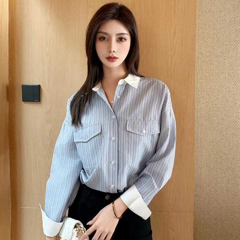 Vintage Loose Fit Seersucker Shirt Featuring Striped Design
