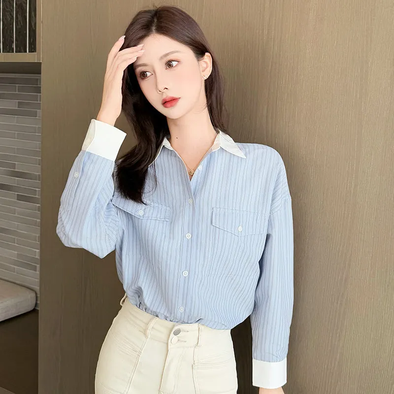 Vintage Loose Fit Seersucker Shirt Featuring Striped Design