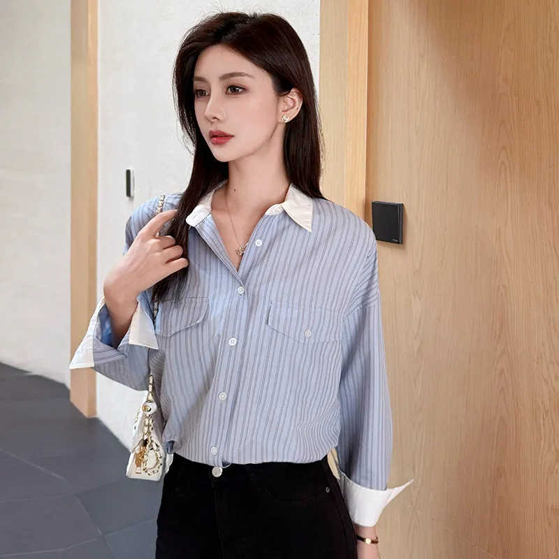 Vintage Loose Fit Seersucker Shirt Featuring Striped Design
