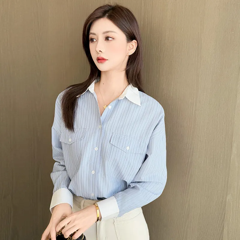 Vintage Loose Fit Seersucker Shirt Featuring Striped Design