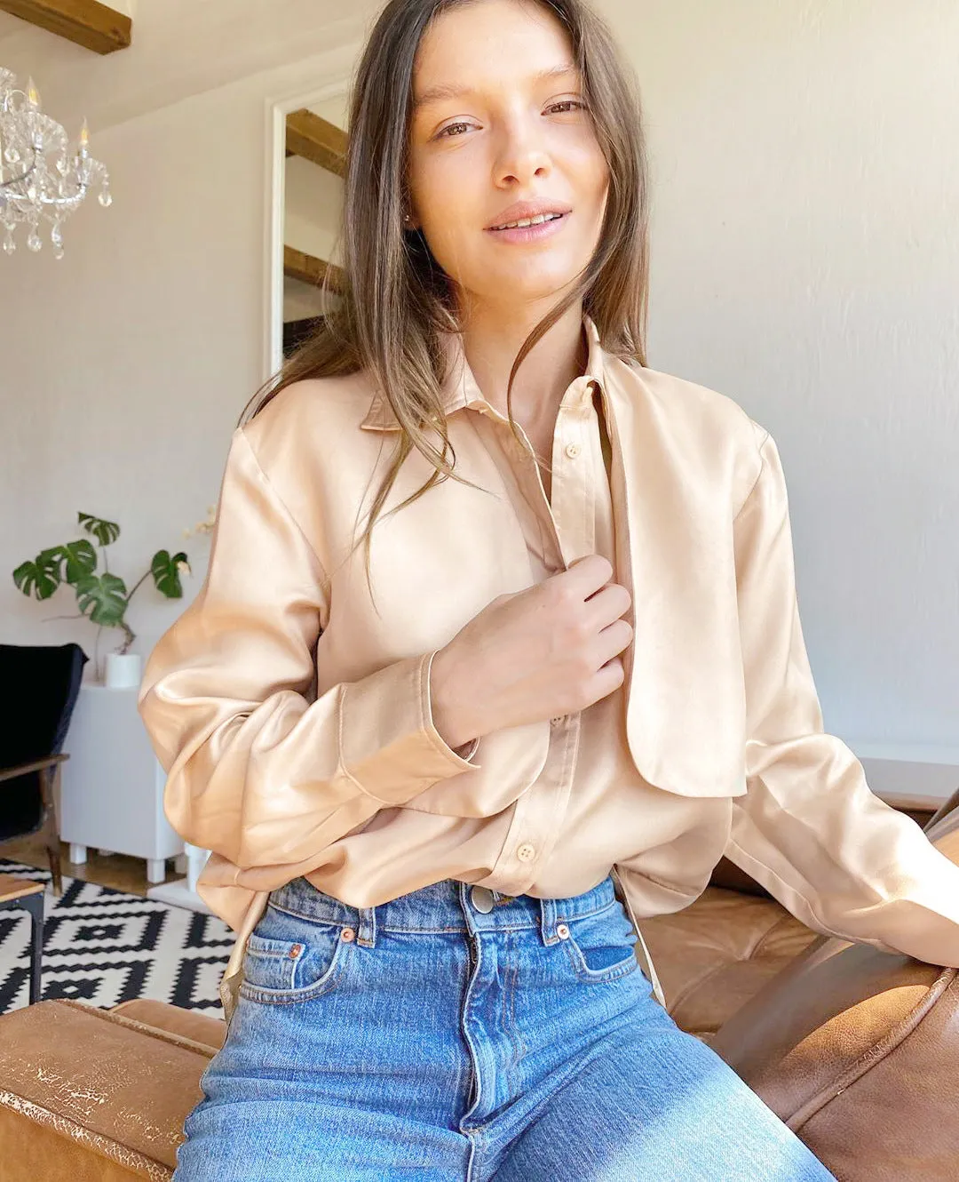 Vintage Pile Collar Single-breasted Silk Shirts Blouses