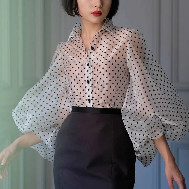 Vintage Polka Dot Long Puff Sleeve Womens Tops and Blouses