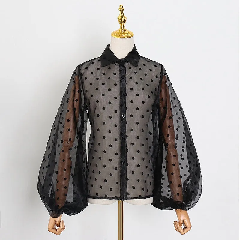 Vintage Polka Dot Long Puff Sleeve Womens Tops and Blouses