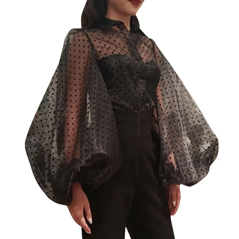 Vintage Polka Dot Long Puff Sleeve Womens Tops and Blouses