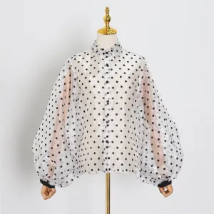 Vintage Polka Dot Long Puff Sleeve Womens Tops and Blouses