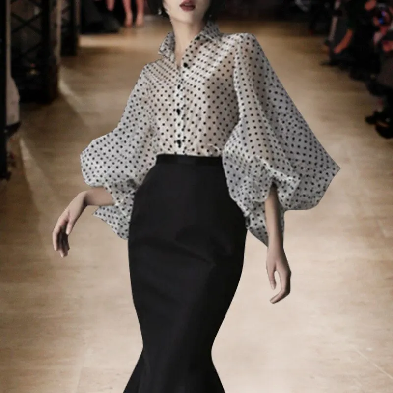 Vintage Polka Dot Long Puff Sleeve Womens Tops and Blouses