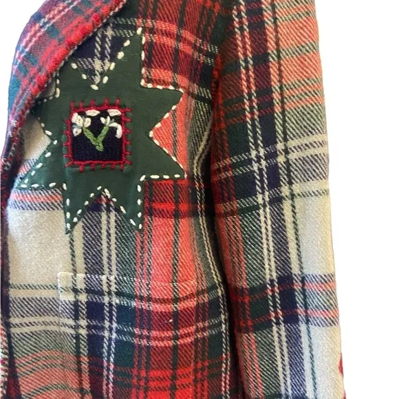 Vintage Sandy Starkman Wool Plaid Embroidered Patches Blazer Jacket Sz S