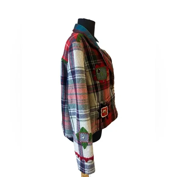 Vintage Sandy Starkman Wool Plaid Embroidered Patches Blazer Jacket Sz S