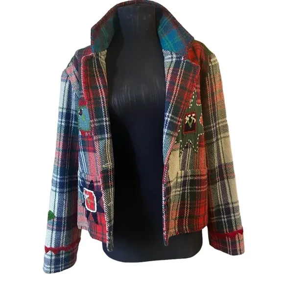 Vintage Sandy Starkman Wool Plaid Embroidered Patches Blazer Jacket Sz S