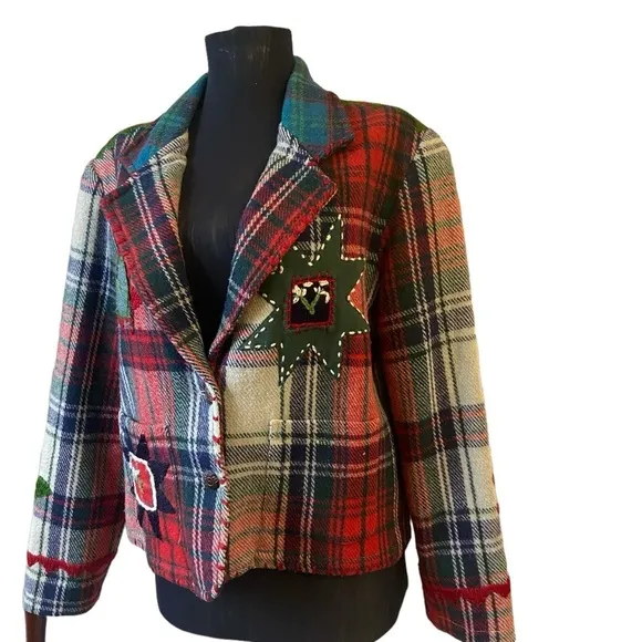 Vintage Sandy Starkman Wool Plaid Embroidered Patches Blazer Jacket Sz S