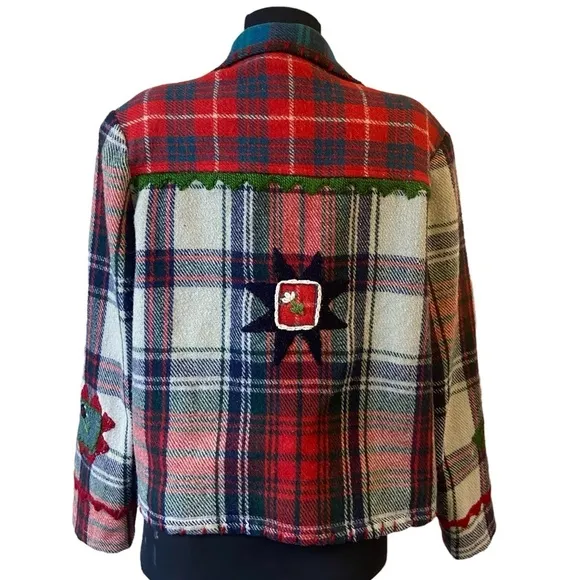 Vintage Sandy Starkman Wool Plaid Embroidered Patches Blazer Jacket Sz S