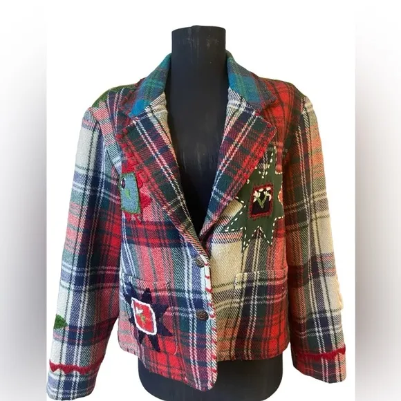 Vintage Sandy Starkman Wool Plaid Embroidered Patches Blazer Jacket Sz S