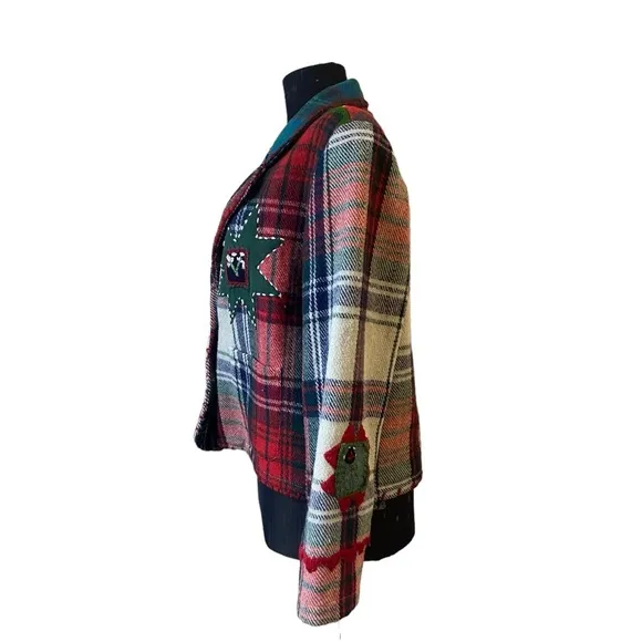 Vintage Sandy Starkman Wool Plaid Embroidered Patches Blazer Jacket Sz S