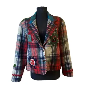 Vintage Sandy Starkman Wool Plaid Embroidered Patches Blazer Jacket Sz S