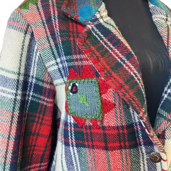 Vintage Sandy Starkman Wool Plaid Embroidered Patches Blazer Jacket Sz S