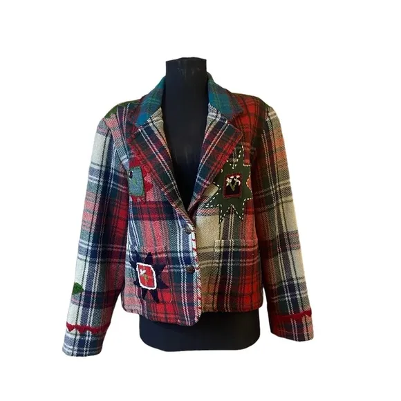 Vintage Sandy Starkman Wool Plaid Embroidered Patches Blazer Jacket Sz S