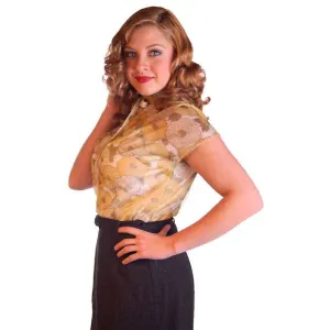 Vintage Sheer Nylon Printed Blouse Gold Floral 1950S 36