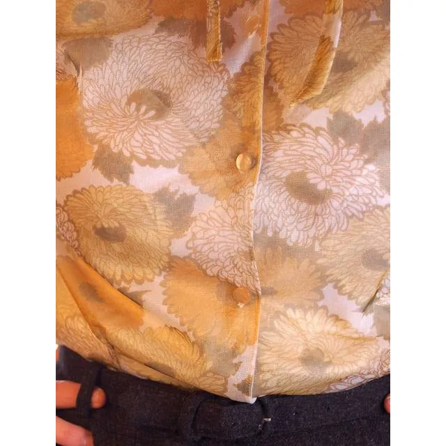 Vintage Sheer Nylon Printed Blouse Gold Floral 1950S 36