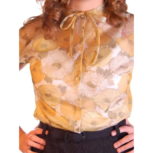 Vintage Sheer Nylon Printed Blouse Gold Floral 1950S 36