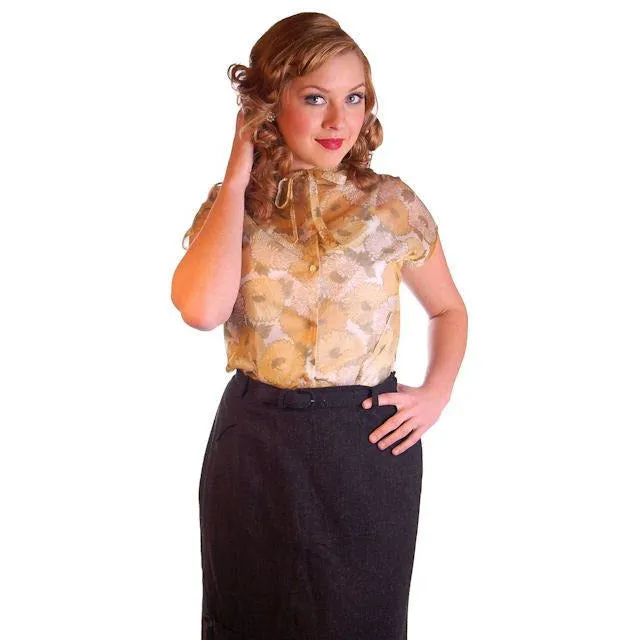 Vintage Sheer Nylon Printed Blouse Gold Floral 1950S 36