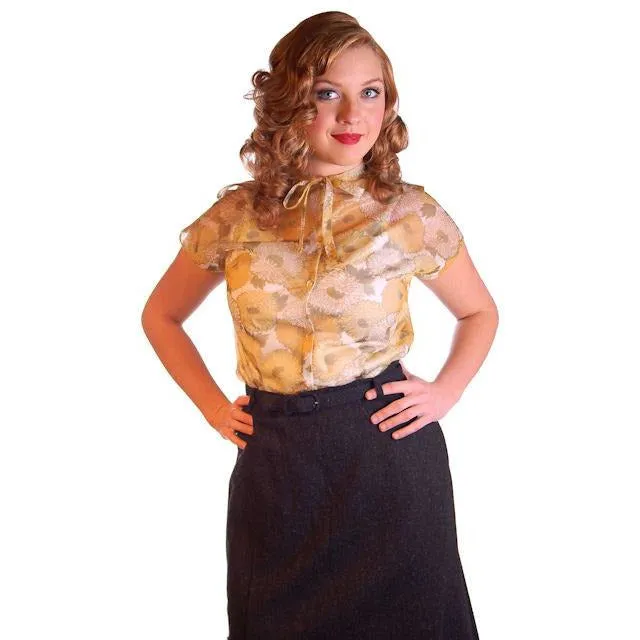 Vintage Sheer Nylon Printed Blouse Gold Floral 1950S 36