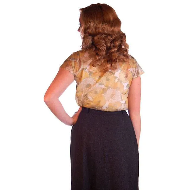 Vintage Sheer Nylon Printed Blouse Gold Floral 1950S 36