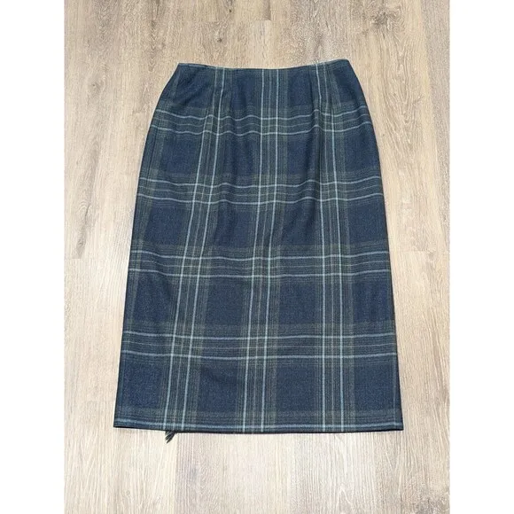 Vintage Talbots Skirt 14 Petite Wool Plaid Maxi Wrap Career Academia Blue