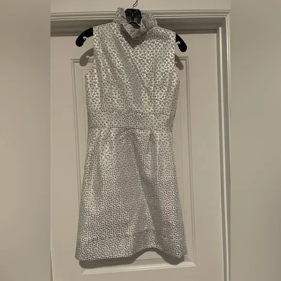 Virginia Taylor Confetti Silver Ruffle Neck Sleeveless Dress Size 2 Excellent