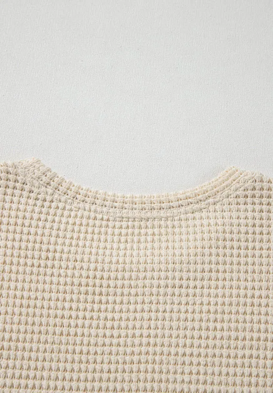 Waffle-Knit Printed Round Neck Flounce Sleeve Blouse