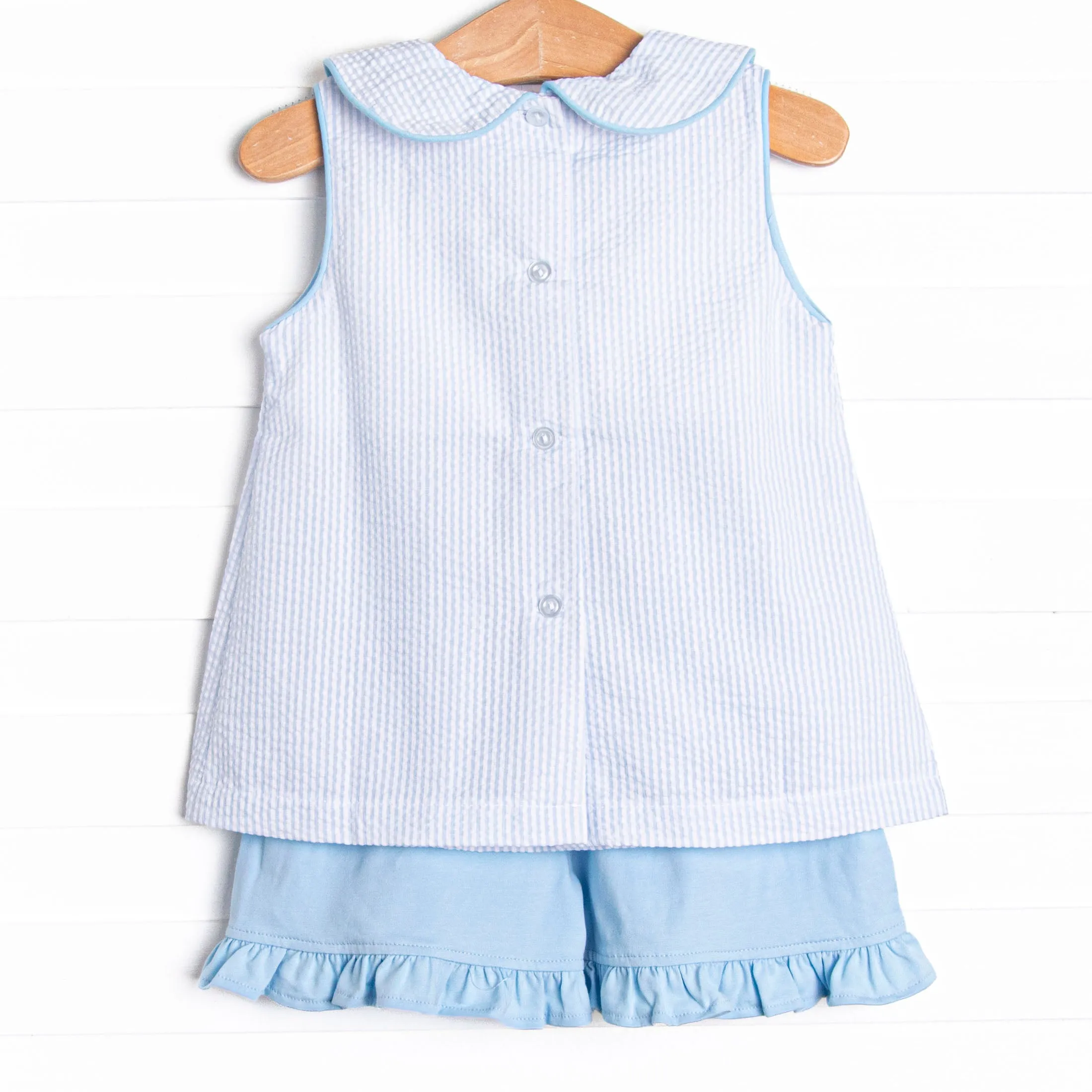 Watermelon Whimsy Embroidered Ruffle Short Set, Blue
