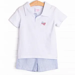 Waving in the Wind Embroidered Short Set, Blue